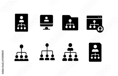 Organizational chart solid icon set. Hierarchy and structure solid icons collection