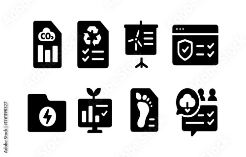 Sustainability, environment solid icon set. Eco, green energy, conservation collection