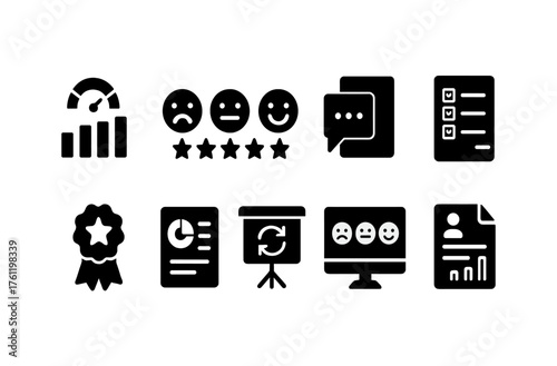 Evaluation metrics solid icon set. Feedback, performance measurement symbols collection