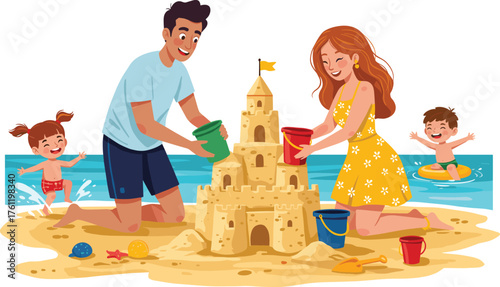 Family beach day, sandcastle building, kids playing, water fun, summer vacation, colorful buckets, inflatable ring, cheerful moment, seaside joy, sunny weather