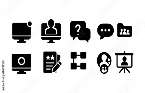 Communication and office silhouette icon set. Chat, meeting tools, work symbols collection