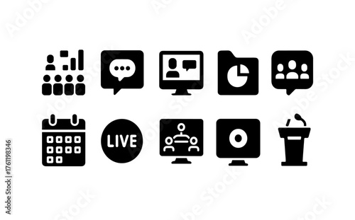 Business and webinar silhouette icon set. Online meeting, presentation icons collection