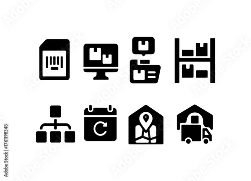 Warehouse, logistic solid icon set. Inventory, transportation icons collection
