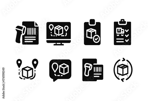 Shipping and delivery solid icon set. Logistics, barcode, tracking solid collection