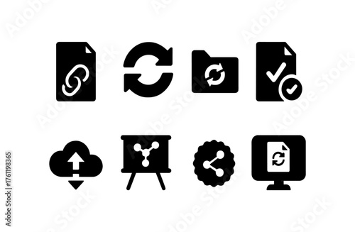 File sharing and sync solid icon set. Cloud, link, upload icons solid collection