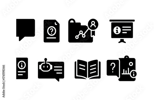 Information and communication silhouette icon set. Data, document, and robot icons