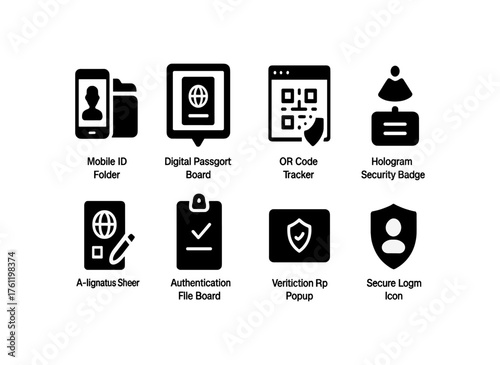 Security and digital identification solid icon set for authentication and access control