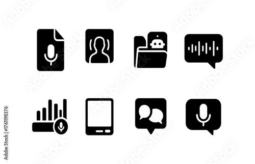 Voice recording solid icon set. Communication, podcast, audio symbols collection.