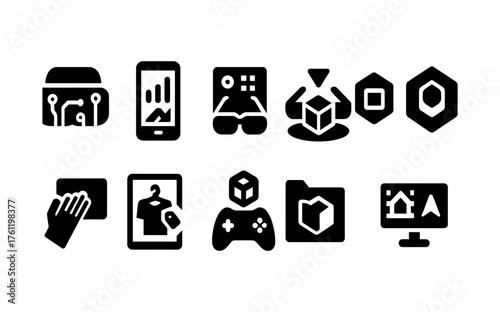 Technology, gaming solid icon set. Gadgets, digital world flat icons collection
