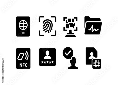 Security and identification solid icon set for access control and digital verification