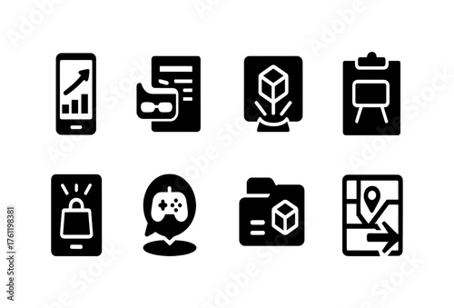 Business and finance solid icon set. Office, technology, analytics icons collection