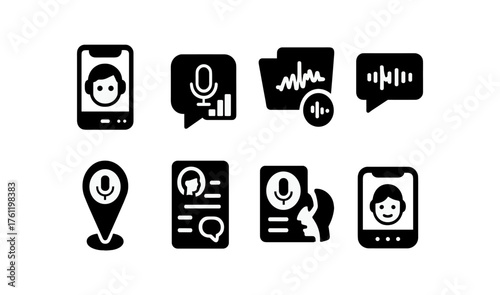 Communication, voice chat solid icon set. Messaging, audio interaction icons collection