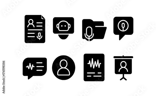 “Business, communication silhouette icon set. Document, profile, chat icons collection”