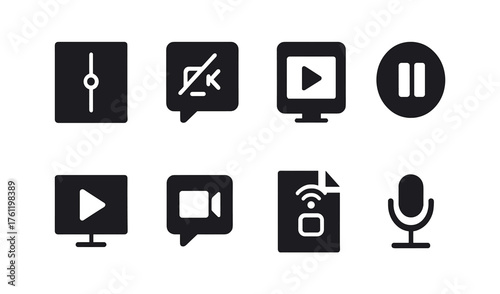 Media controls solid icon set. Play, pause, volume control solid icons collection