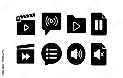 Multimedia communication solid icon set. Video, audio, messaging symbols collection.