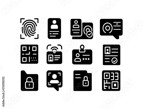 Identification security solid icon set. Fingerprint, id verification icons collection