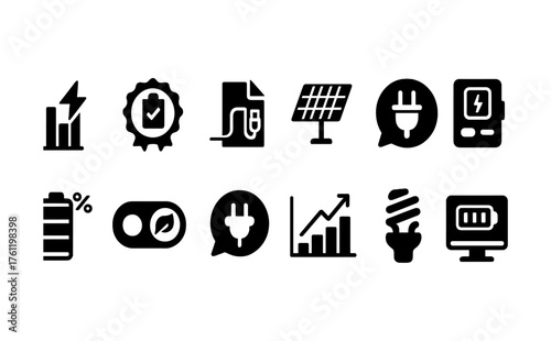 Energy and technology solid icon set. Renewable energy, electricity symbols collection.