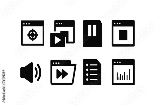 Web browser solid icon set. Navigation, media controls, data solid icons collection
