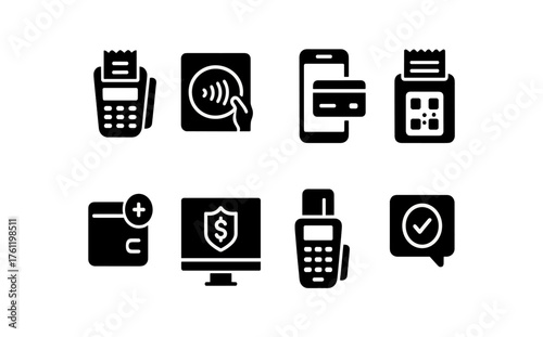 Payment and security solid icon set. Digital finance, secure transaction icons collection