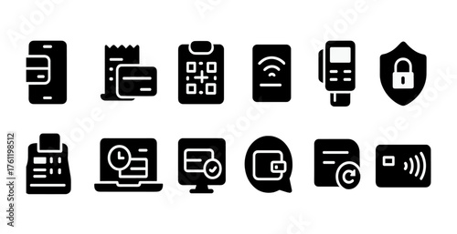 Payment, security solid icon set. Mobile, contactless payment icons collection