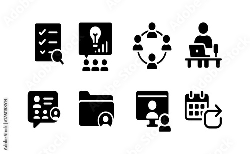 Productivity, teamwork solid icon set. Business, collaboration, work efficiency icons