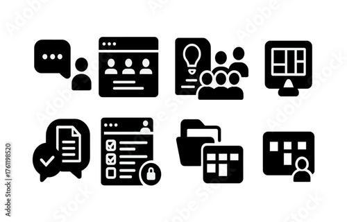 Project management solid icon set. Task, team, plan icons solid collection