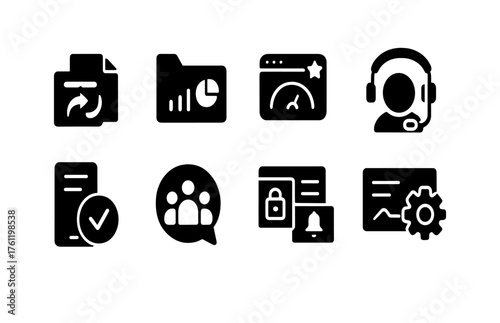 Business, productivity solid icon set. Office, management, work tools collection