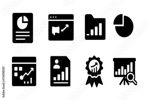 Data analysis solid icon set. Statistical, business chart and graph icons collection