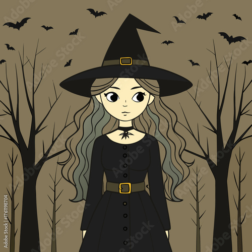 Young witch in a dark forest surrounded by bats and bare trees