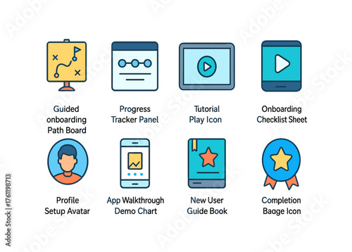 Onboarding and training flat icon set. User guide and progress icons collection