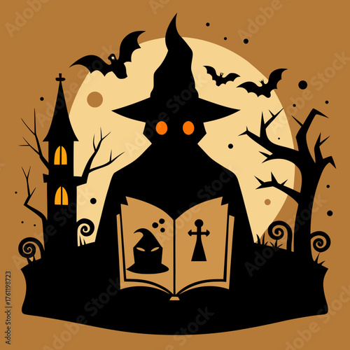Spooky halloween scene silhouette of a witch reading an ancient tome under the moon