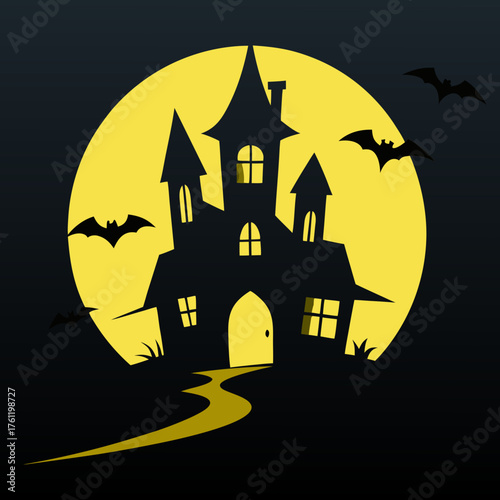 Spooky haunted mansion silhouette under a full yellow moon with flying bats