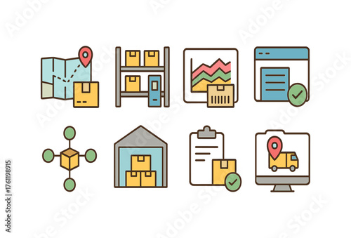 Logistics and shipping flat icon set. Supply chain, delivery, storage icons collection