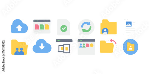 Cloud storage flat icon set. File management, sync icons flat style collection