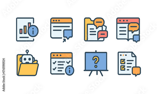 Business and communication flat icon set. Workflow, office, data analysis icons