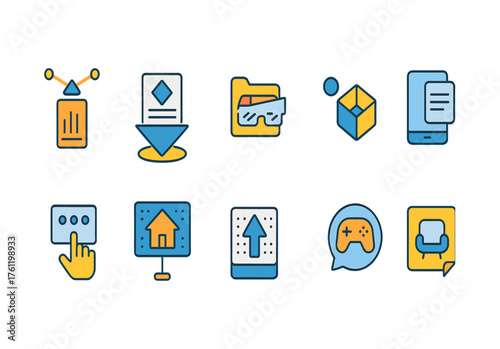 Technology, communication flat icon set. Digital, online interaction flat icons collection