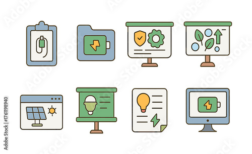Renewable energy flat icon set. Sustainable, eco power icons flat collection.