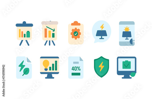 Energy, sustainability flat icon set. Renewable energy and efficiency icons collection