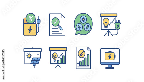 Renewable energy outline icon set. Solar power, eco-friendly technology symbols.