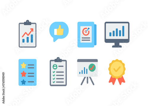 Business and analytics flat icon set. Data, performance, strategy icons collection.