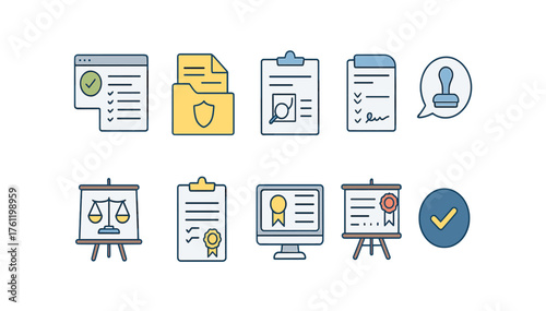 Business, office outline icon set. Documents, reports, certification icons collection