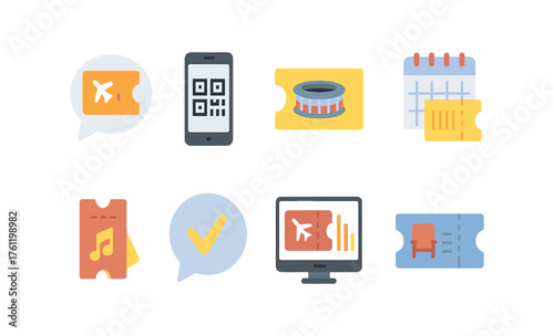 Event and ticketing flat icon set. Concert, reservation, checkmark symbols collection