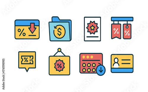 Discount and offers flat icon set. Sale, price tag, shopping icons collection
