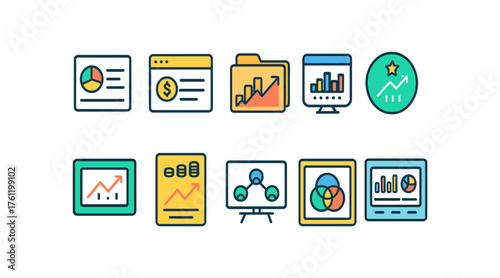 Analytics and business growth flat icon set. Data visualization, statistics icons collection