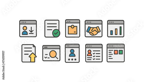 Business and office flat icon set. Essential tools for productivity and collaboration.