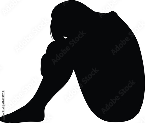 Person sitting with head on knees silhouette cartoon illustration, symbolic emotion and expressive gesture artwork for wellness and lifestyle design