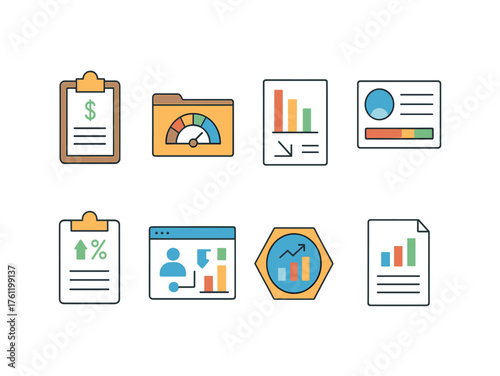 Business analytics flat icon set. Charts, reports, and data visuals collection