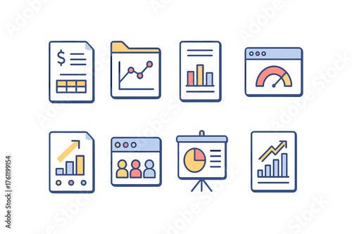 Business and finance icon set. Line style icons for analytics, data, and reporting visualizations