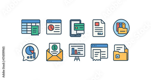 Business and finance flat icon set. Accounting, analytics, and invoice icons collection