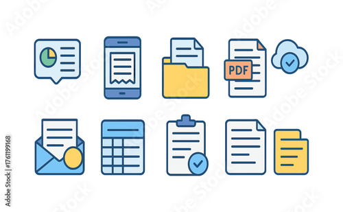 Business and office linear icon set. Document, report, communication icons collection